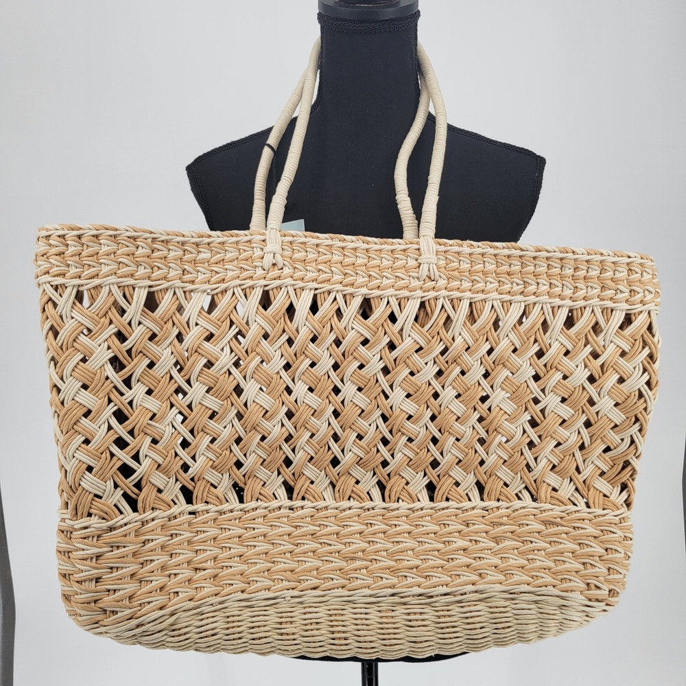 Shade & Shore Woven Straw Tote Bag Natural Cream Beach Handbag Ethically Crafted - Picture 4 of 5